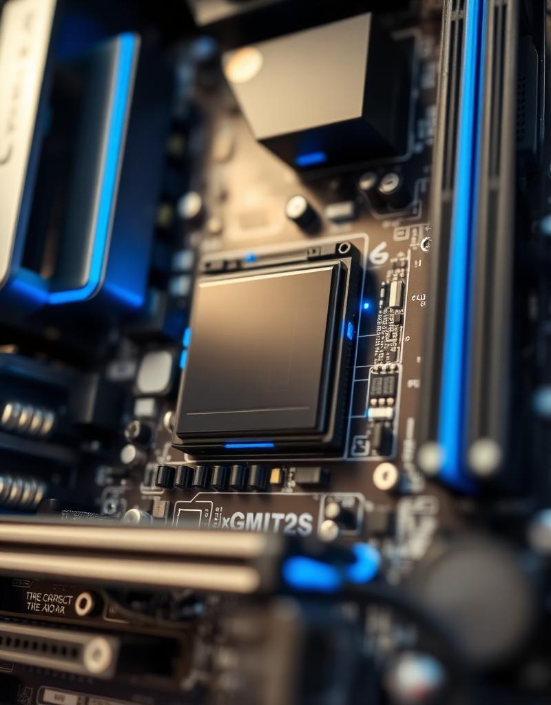 Macro view of a computer motherboard with blue accents